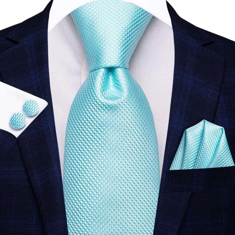 Men's Luxury Peacock Blue Plaid Silk Necktie Set with Cufflinks & Pocket Square