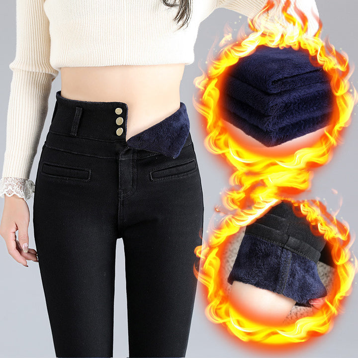 Women's Three-button Plus Velvet High-waisted Abdomen Jeans