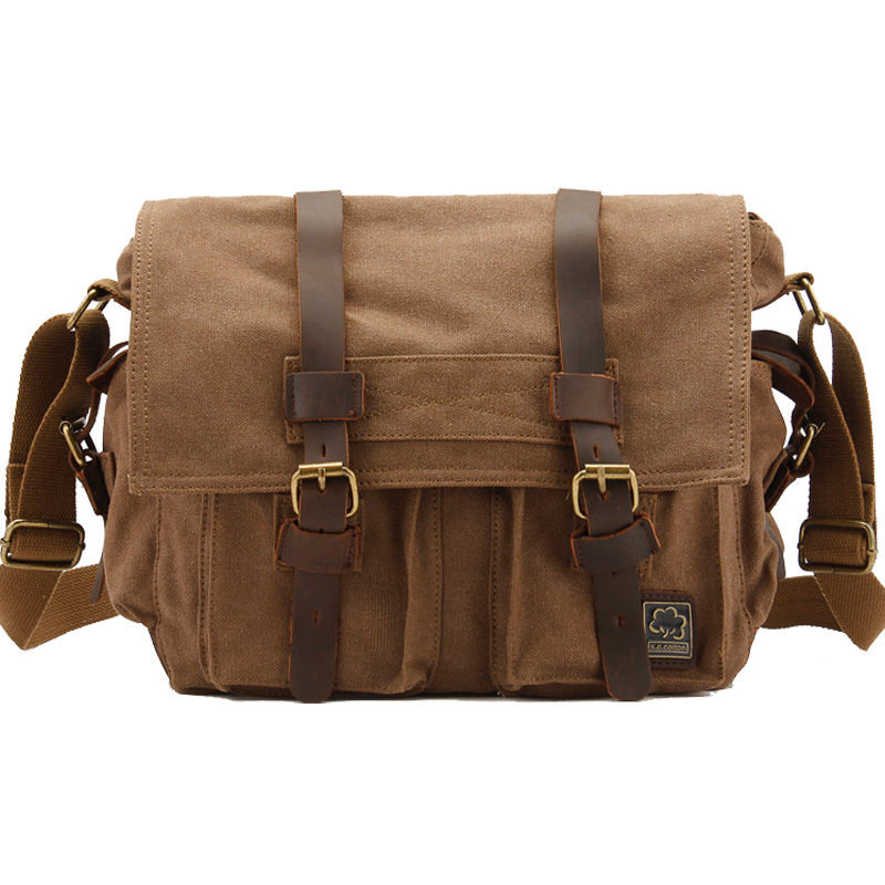 Men Casual Canvas Cowhide Big Crossbody Shoulder Bag