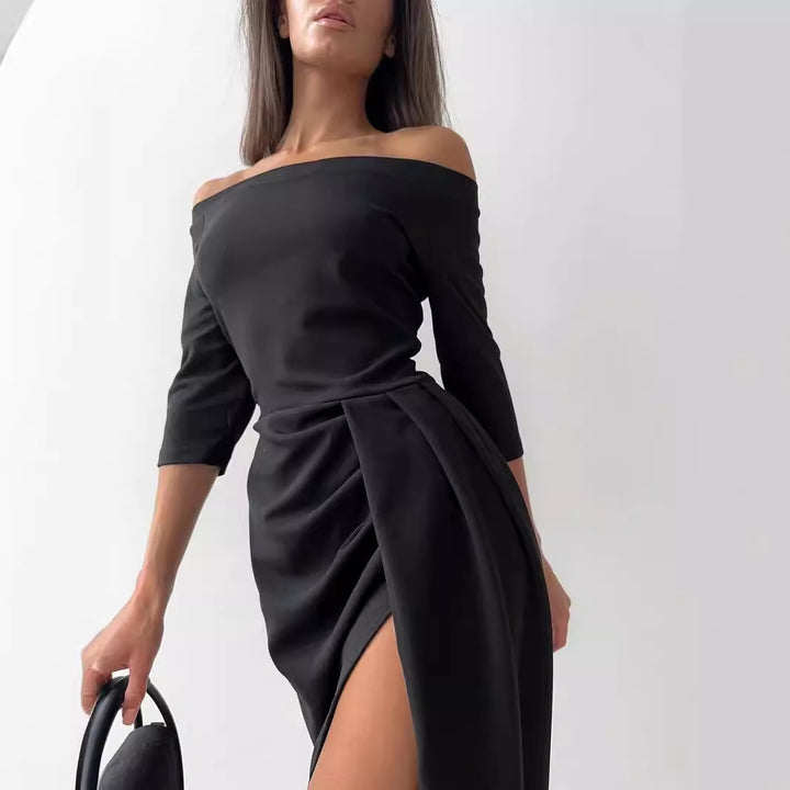 Women's Off-neck Long Sleeve Waist Slit Dress