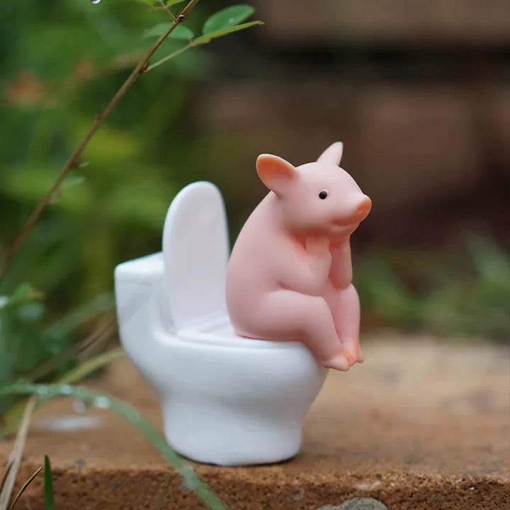 Creative Cartoon Pig Sitting On Toilet Desktop Ornament Miniature Animal Toy