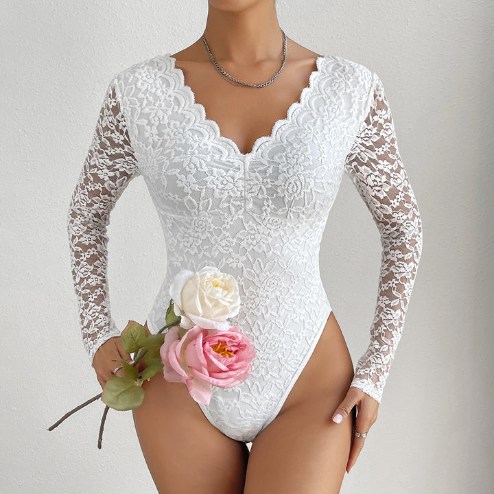 Solid Lace Long Sleeved Slim Fitting Jumpsuit