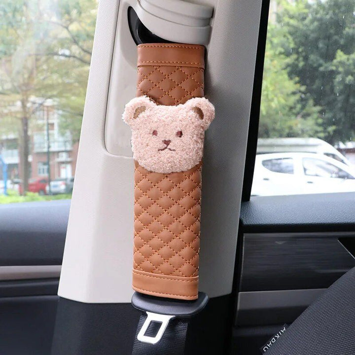 Cute Bear Car Seatbelt Cushion for Kids - Soft Leather Shoulder Strap Pad