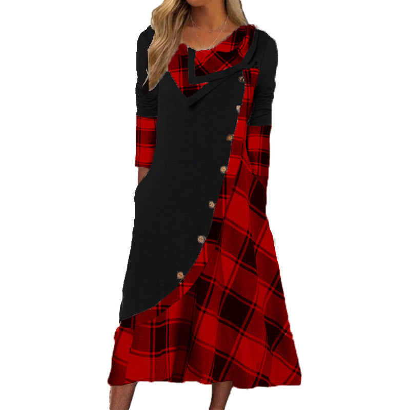 Women's Clothing European And American Amazon Printed Plaid Stitching Button Strip Pocket Heap Collar Long Sleeves Dress