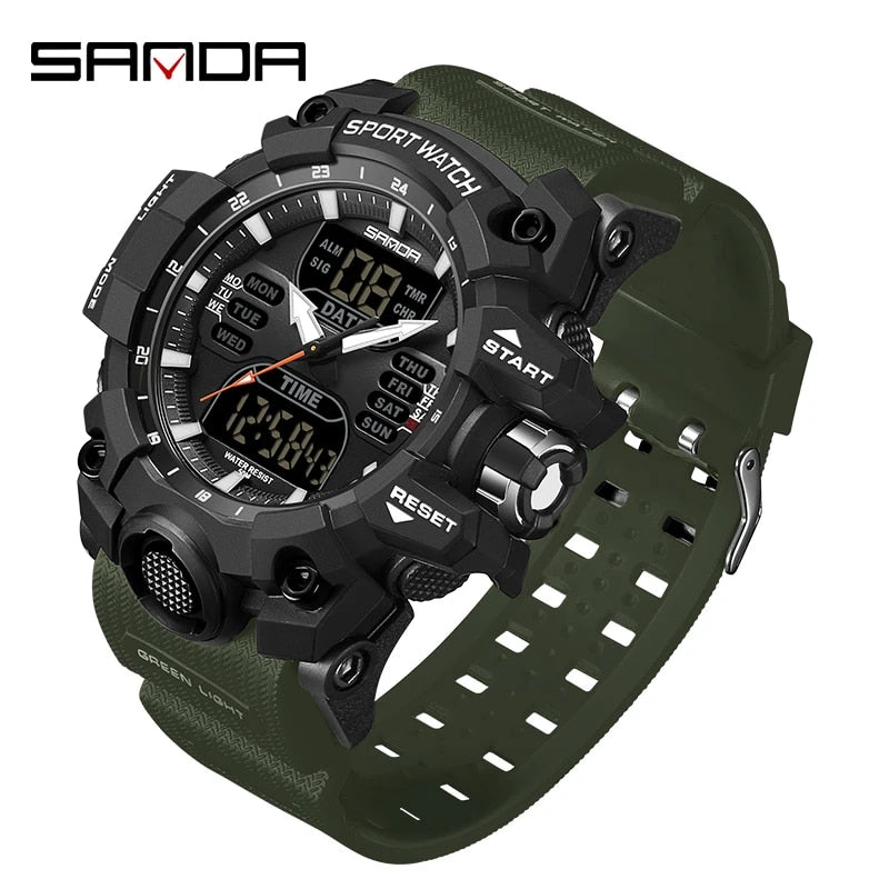 Dual Display Sports Watch for Men - Waterproof, Shock Resistant with Multi-Function Digital Display