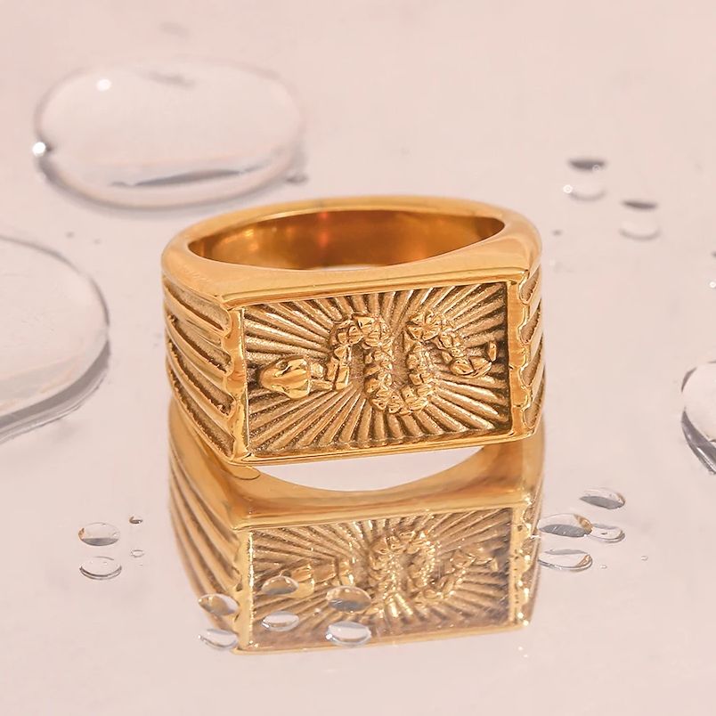 Waterproof Hypoallergenic Snake Sunburst Rectangle Signet Ring