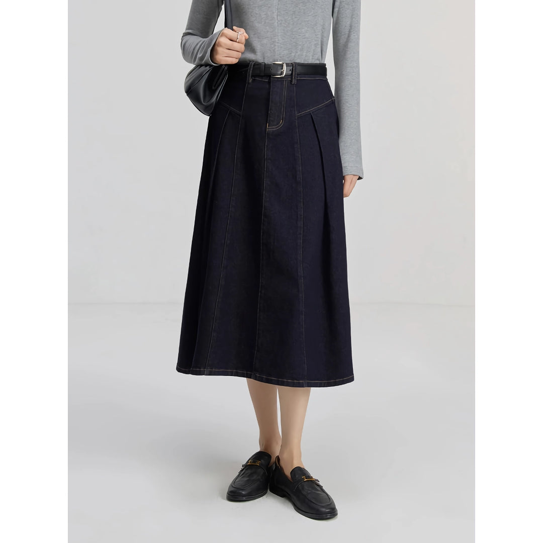 Elegant High Waist Dark Denim A-Line Midi Skirt for Women