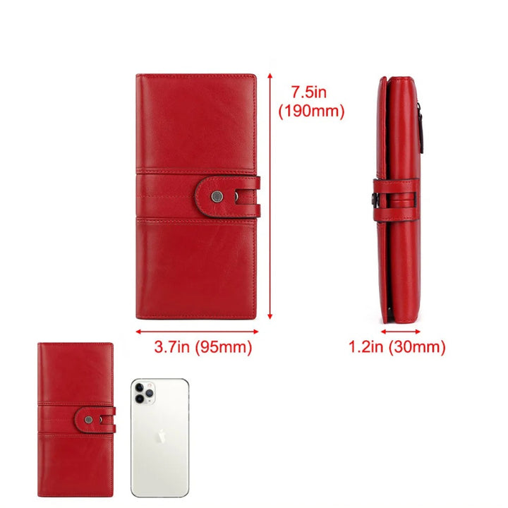 Genuine Leather Long Wallet with RFID Protection and Cellphone Pocket