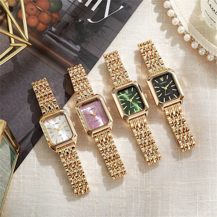 Elegant Women's Square Watch with Gold Alloy Strap