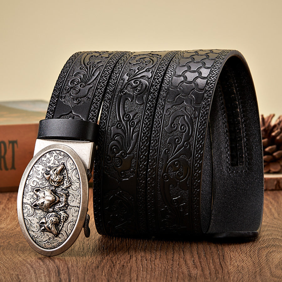 Men's 3.5CM Retro Leather Belt with Automatic Wolf Buckle