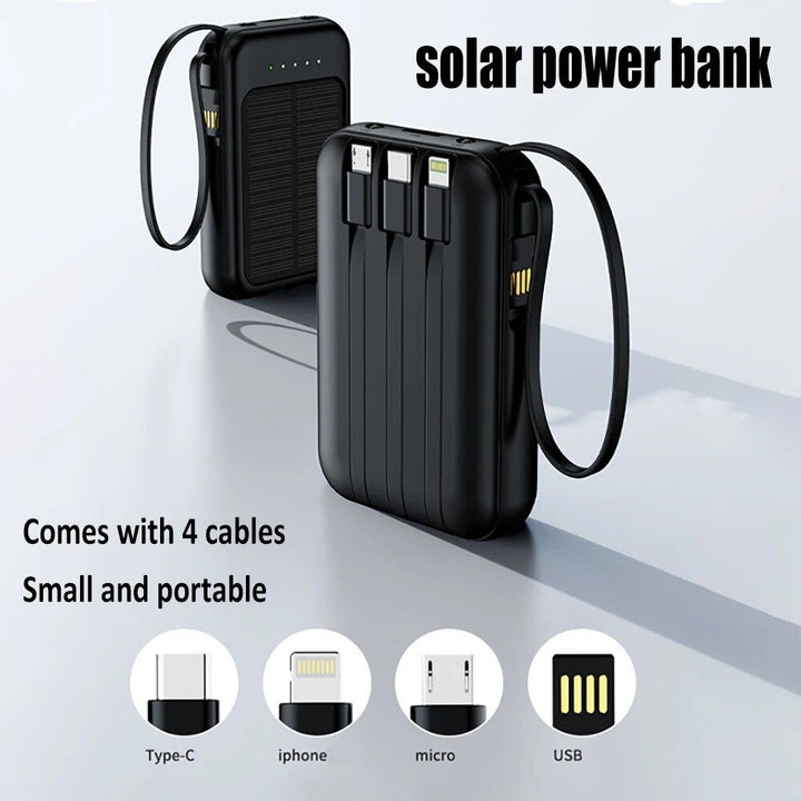 Solar Power Bank 20000mAh with LED Lights & Built-in Cables