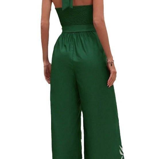 Printing Series Belt Halter Backless Wide Leg Jumpsuit