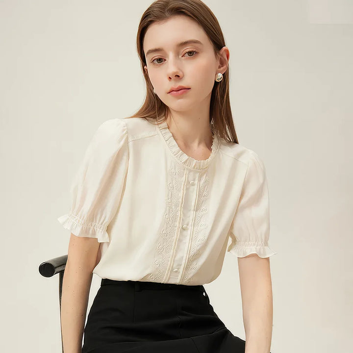 Simple Commuting Short-sleeved Embroidered Top Shirt for Women