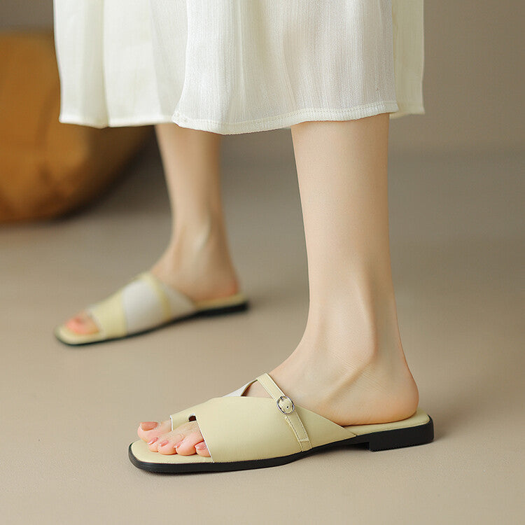 Summer Leather Slippers for Women - Low Heel Square Toe Mixed Color Shoes