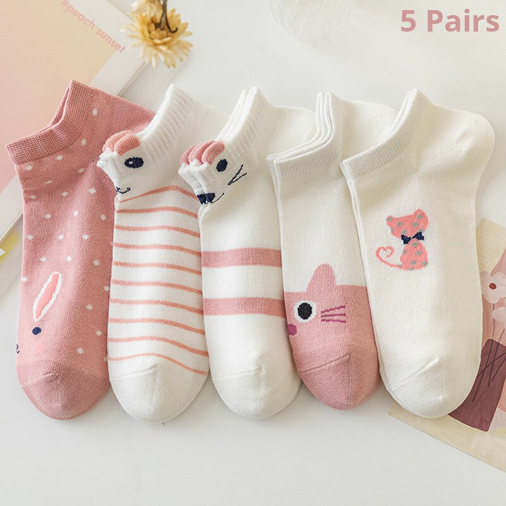 5 Pairs Cute Pink Cat Low Tube Socks - Trendy and Comfortable Boat Socks