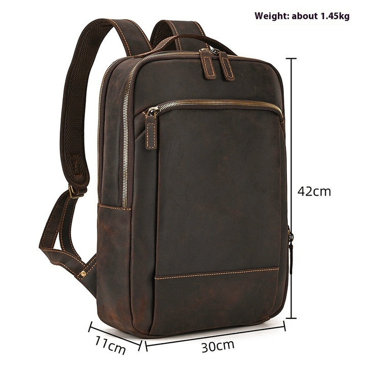 Double Zipper Main Bag Genuine Leather Large Capacity Crazy Horse Leather Outdoor Travel Leisure Backpack