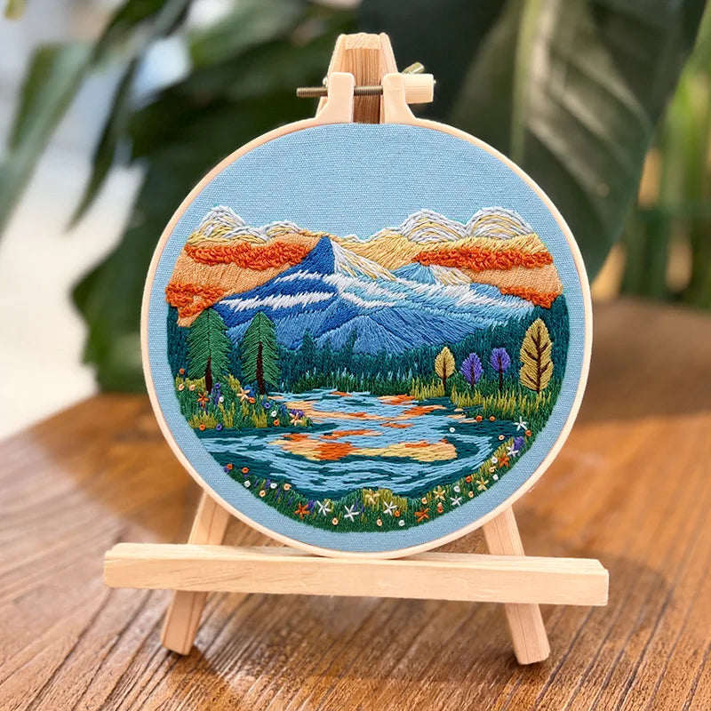 DIY Landscape Embroidery Kit with Printed Pattern and Plastic Hoop