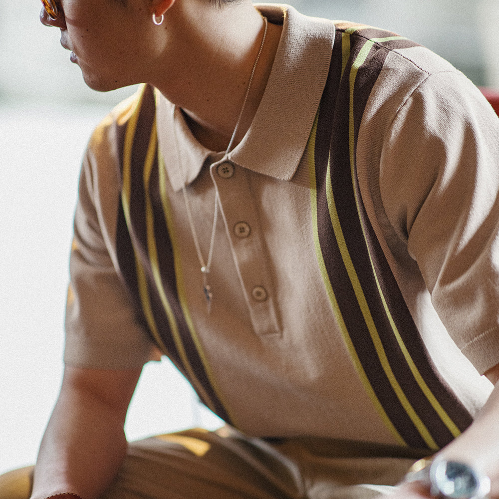 Vintage Knitted Polo Bowling Shirts with Contrast Striped Lapel