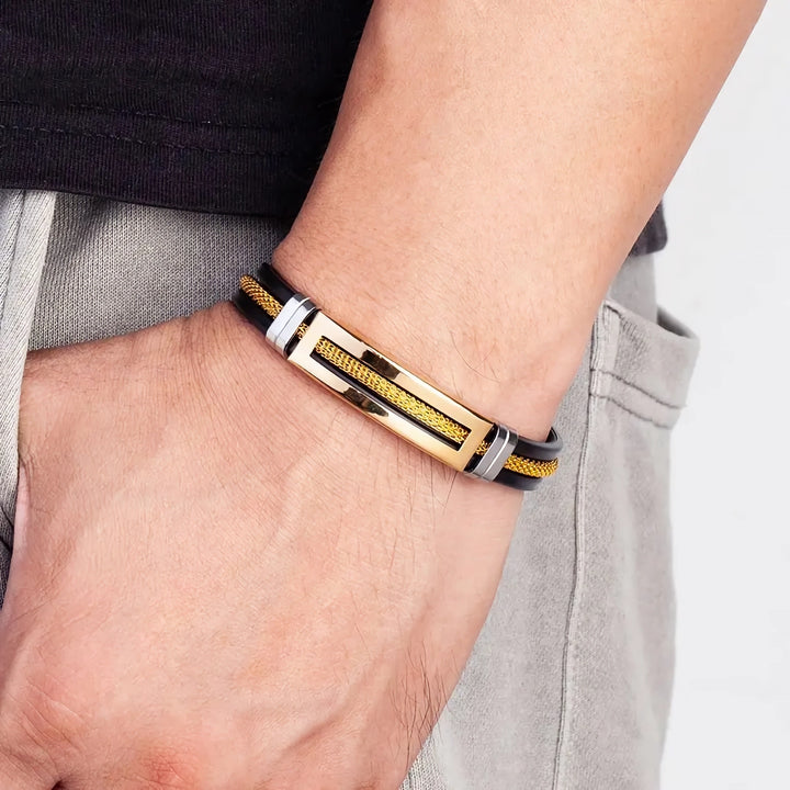 Men's Stainless Steel and Silicone Bracelet with Golden Chain