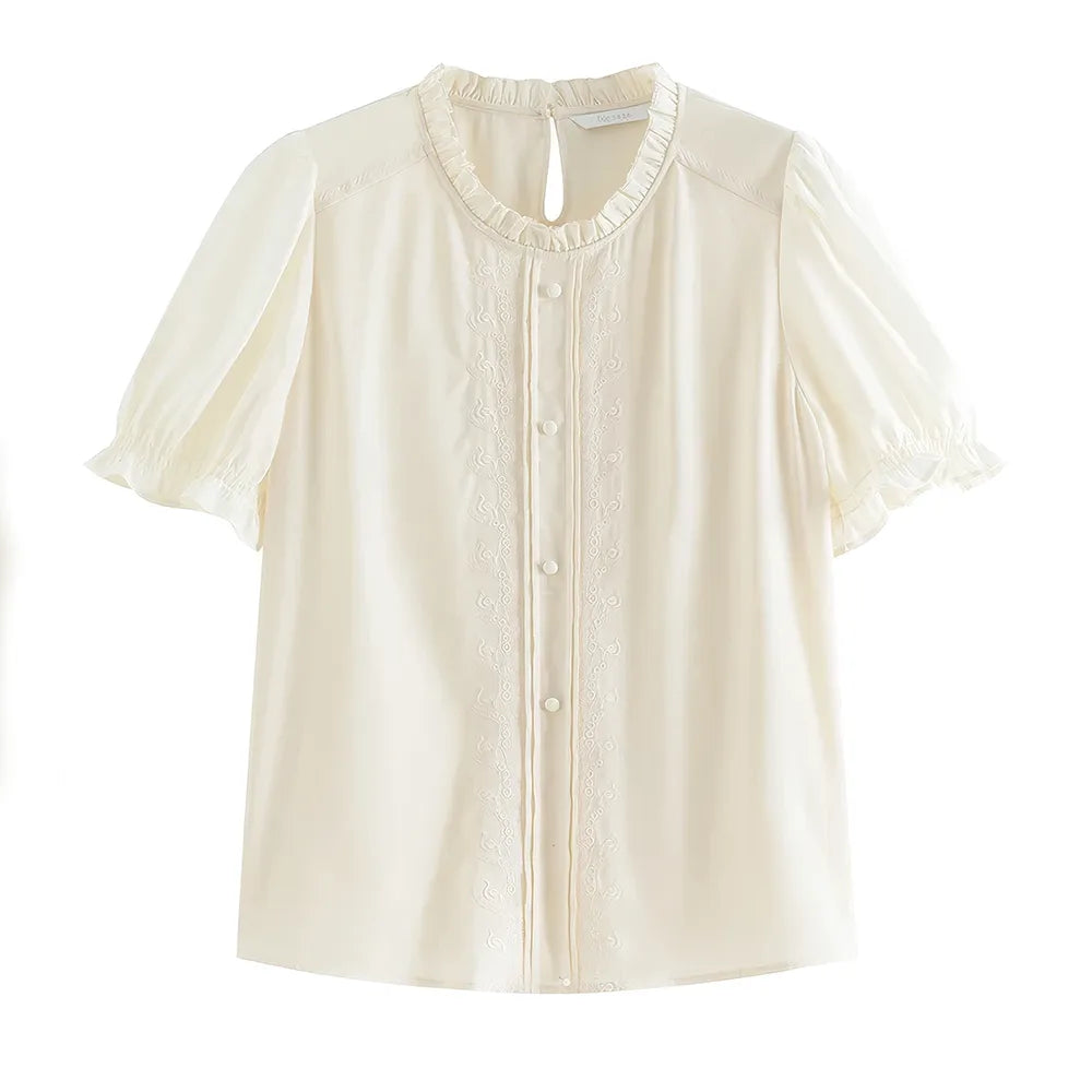 Simple Commuting Short-sleeved Embroidered Top Shirt for Women