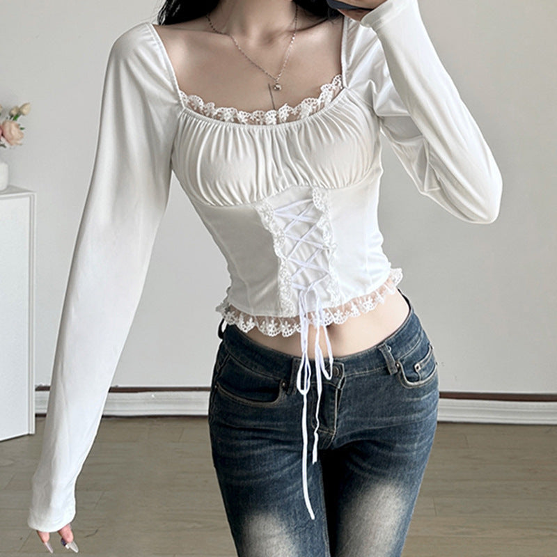 French Style Square Collar Lace Lace Band Long Sleeve Top