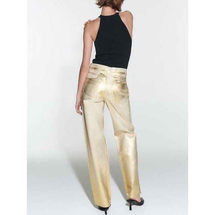 High Waist Gold Coated Straight Jeans