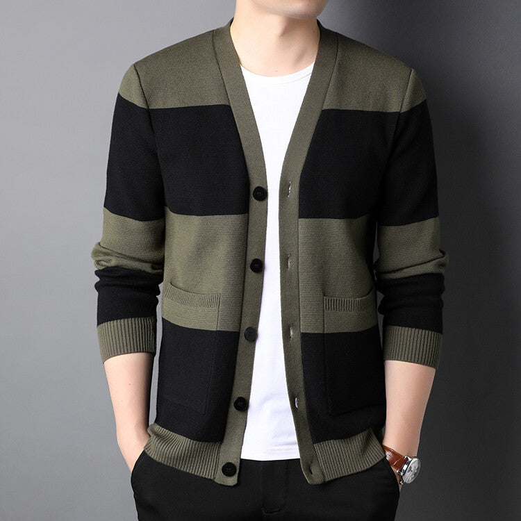 Spring And Autumn New Men's Striped Cardigan Single-breasted Long Sleeve Color Matching Casual Sweater Coat