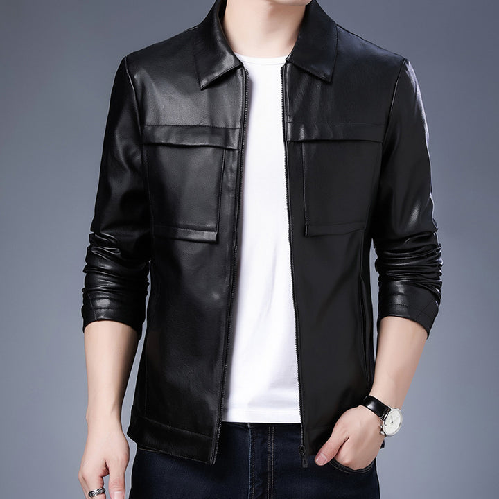 Men's Motorcycle Leather Jacket Slim Lapel Casual Leather Jacket