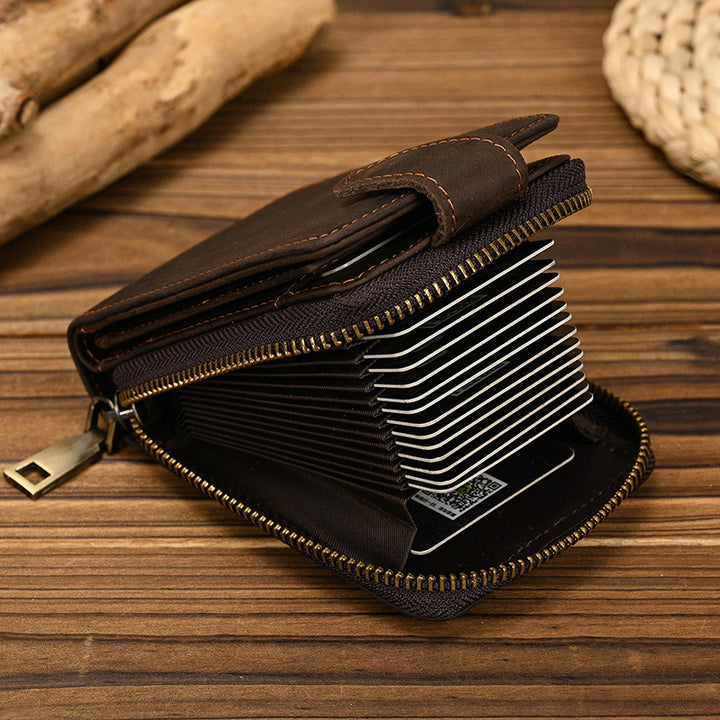 Men's Short Crazy Horse Leather Zipper Wallet