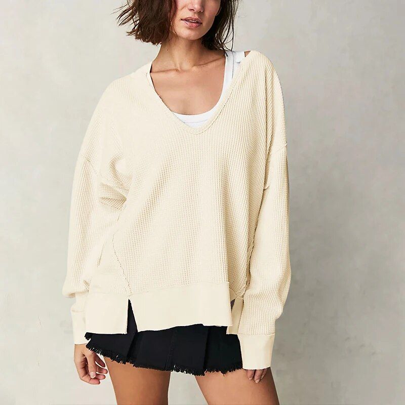 Stylish V-Neck Knitted Cotton Sweatshirt for Women