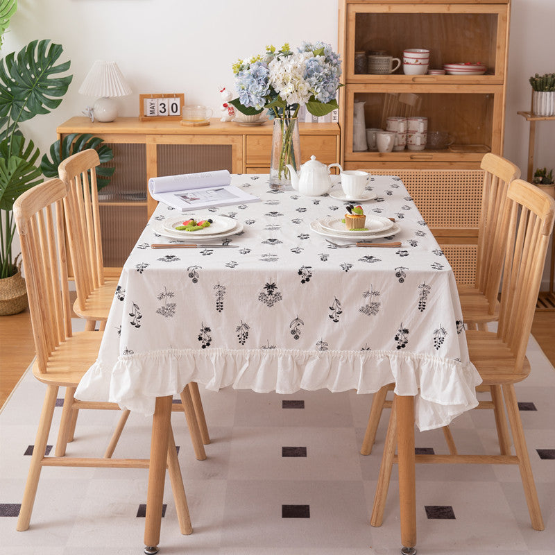 Embroidered Floral Cotton Tablecloth with Ruffled Edges