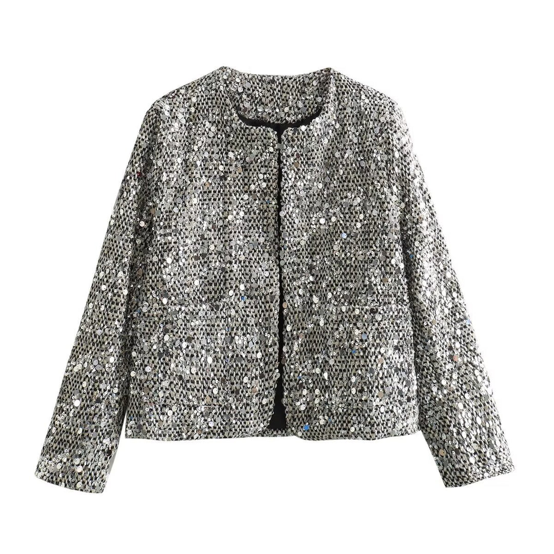 Women's Tweed Woolen Sequined Jacket