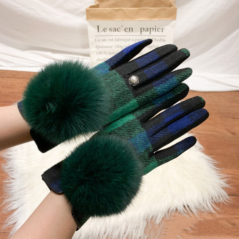 Oversized Fox Fur Ball Day Single Symmetrical Plaid Wool And Cashmere Finger Gloves