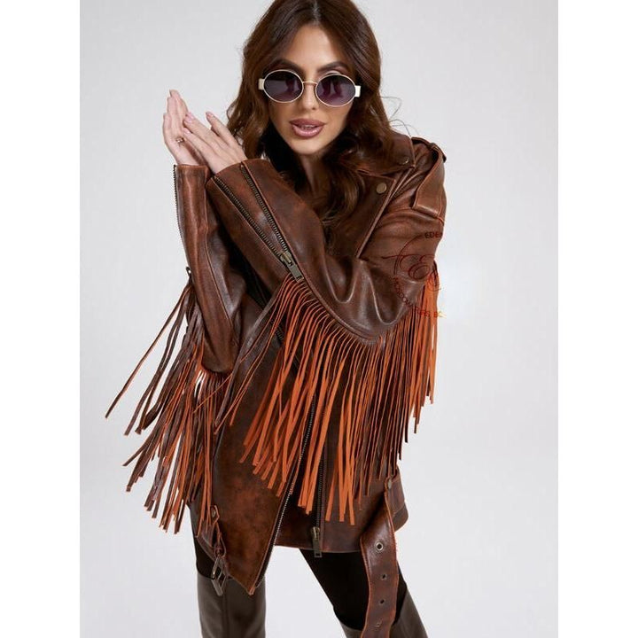 Stylish Oversized Faux Leather Jacket with Tassels for Women