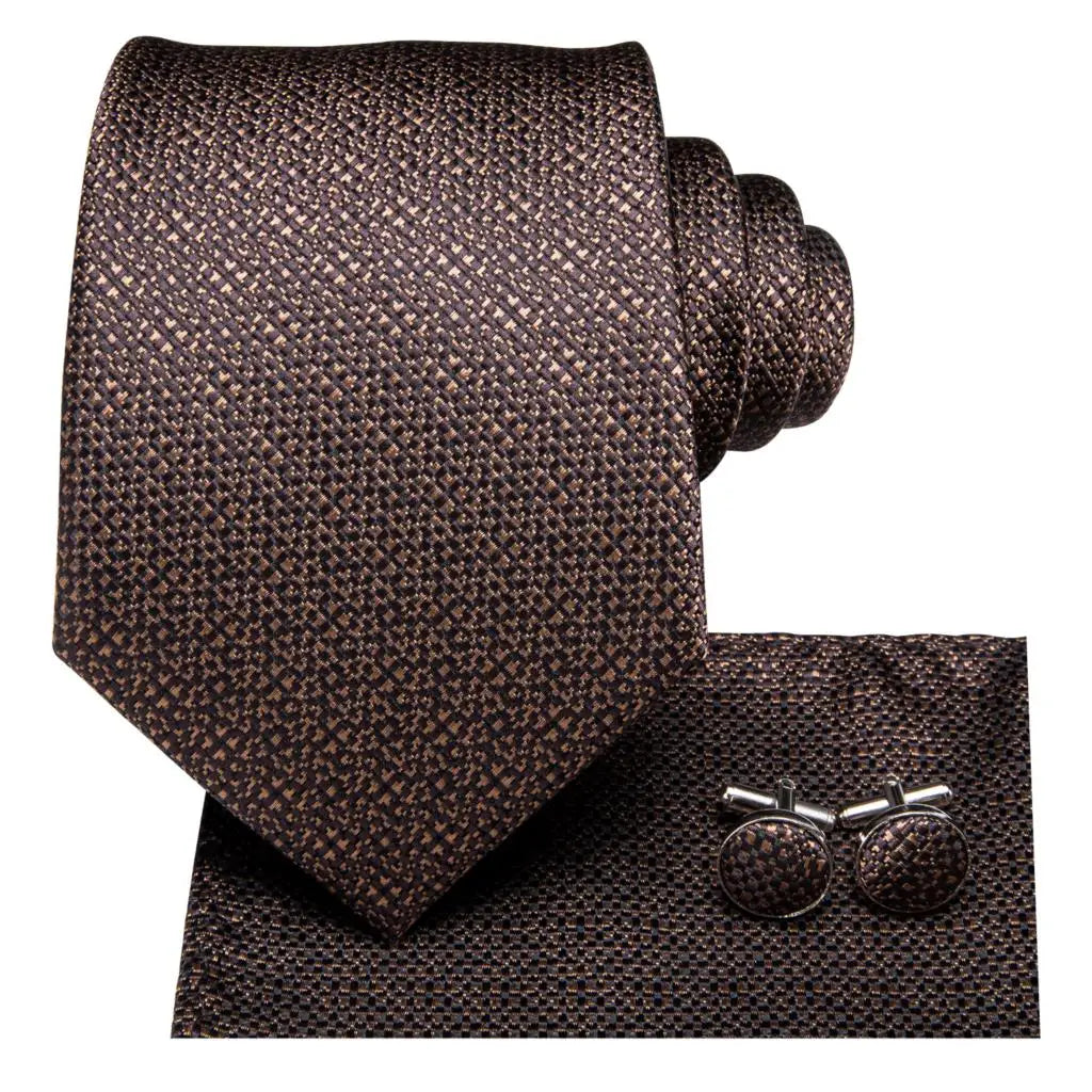 Elegant Silk Brown Necktie Set with Pocket Square & Cufflinks