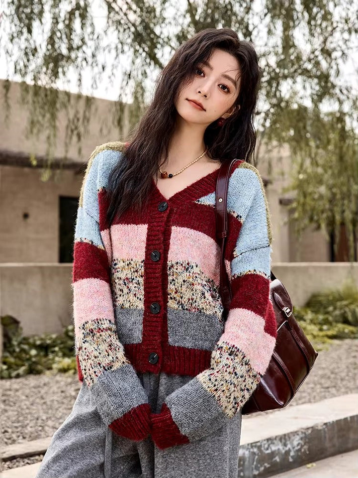 Colorful Striped Knitted Cardigan for Women - Loose Casual V-Neck Sweater