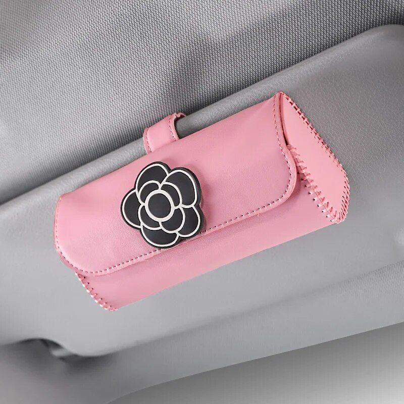 Universal Camellia Flower Leather Sunglasses Holder for Car Visors