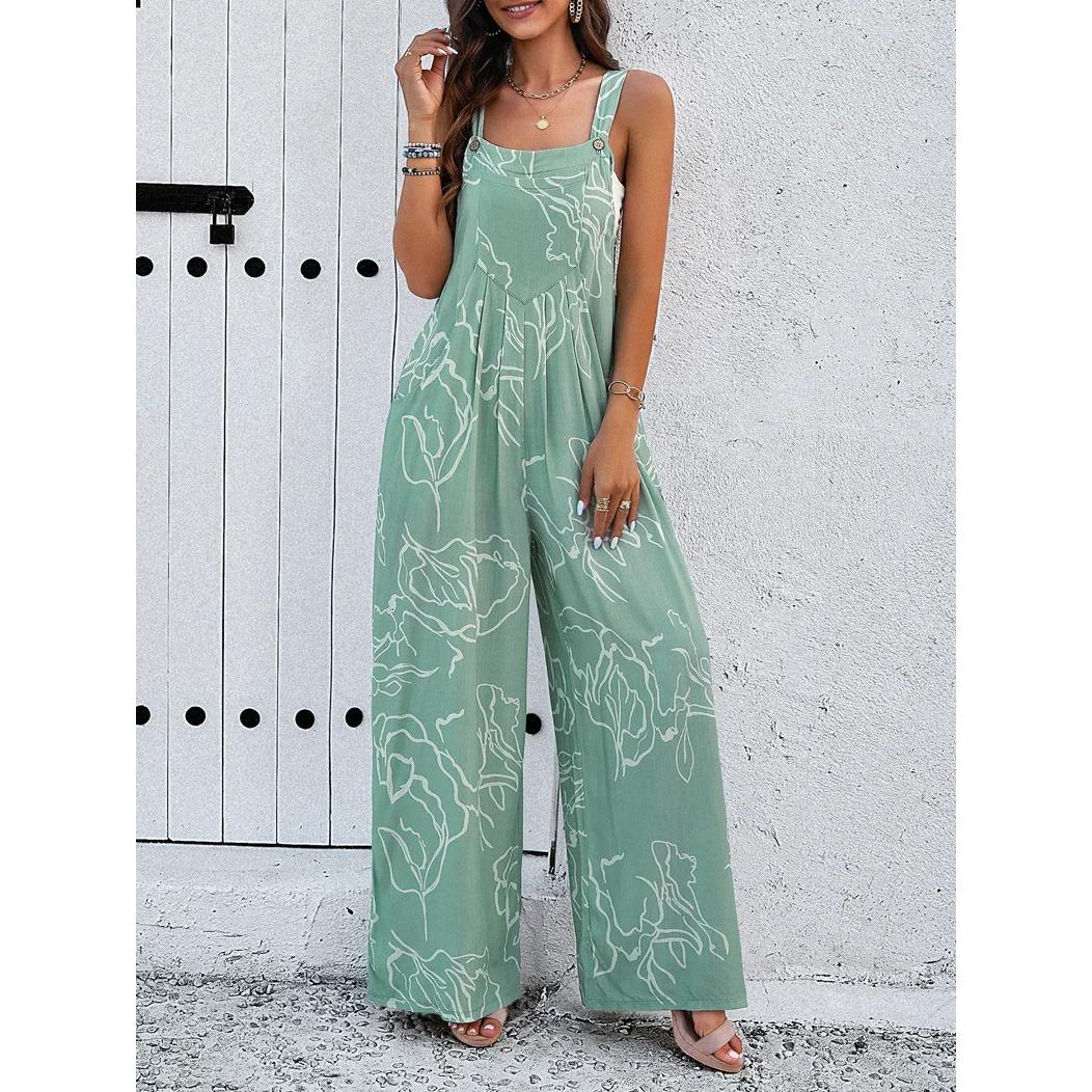 Elegant Wide-Leg Jumpsuit with Geometric Print and Suspenders