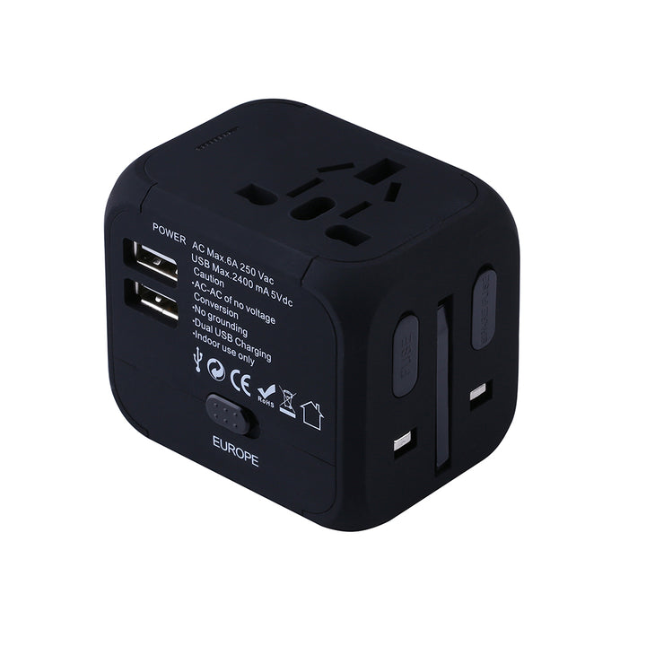 Universal Travel Adapter with Dual USB Charging Ports and LED Indicator