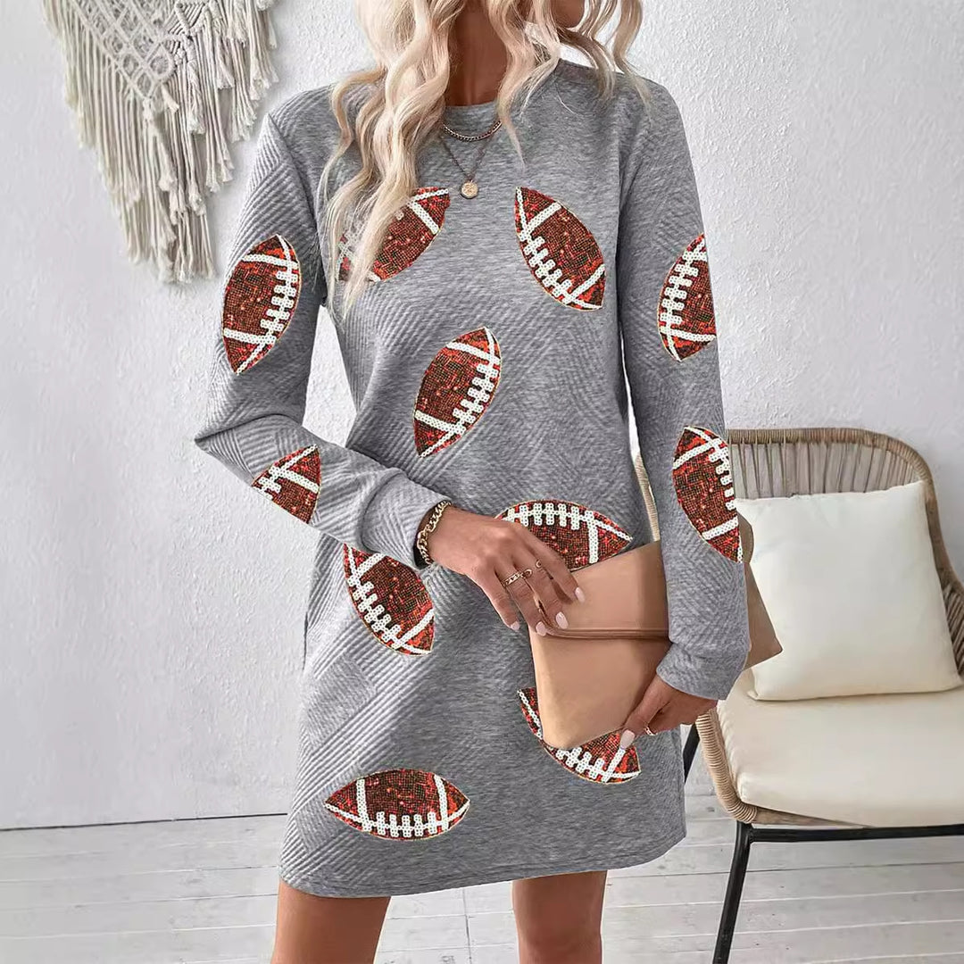 Women's Rugby Printed Long Sleeve Round Neck Pullover Dress