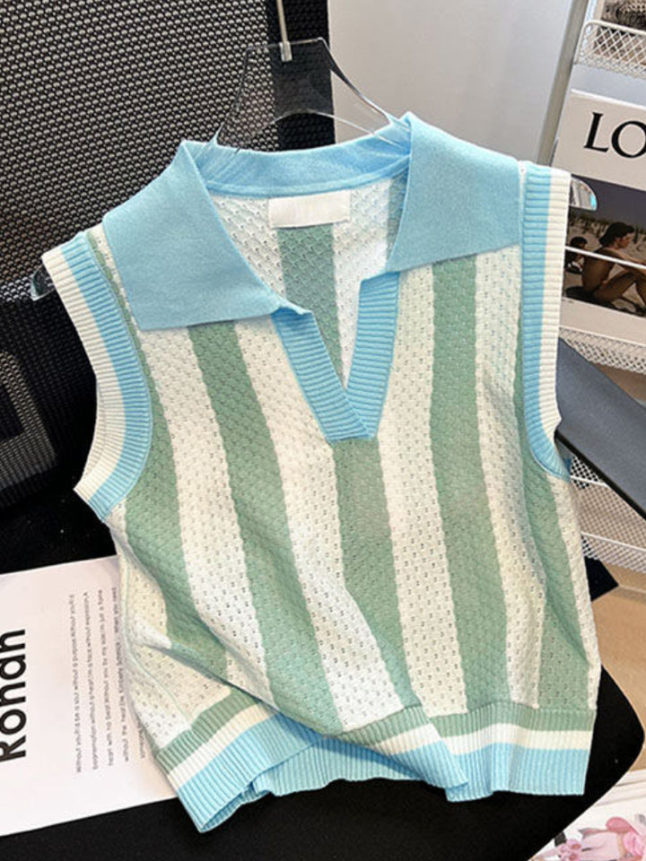 Contrast Color Stripes Polo Collar Sleeveless Knitwear Women