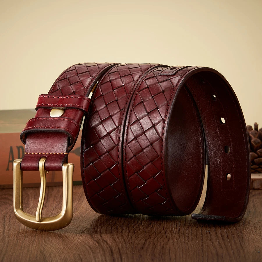 Men's Braided Leather Belt with Copper Buckle – Genuine Cowskin Strap for Jeans