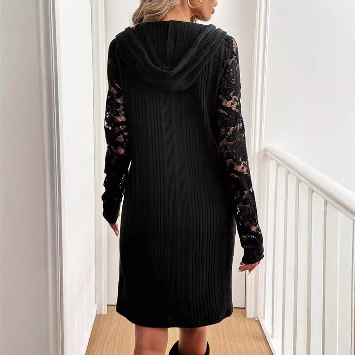 Women's Black Long Sleeve Lace Stitching Dress