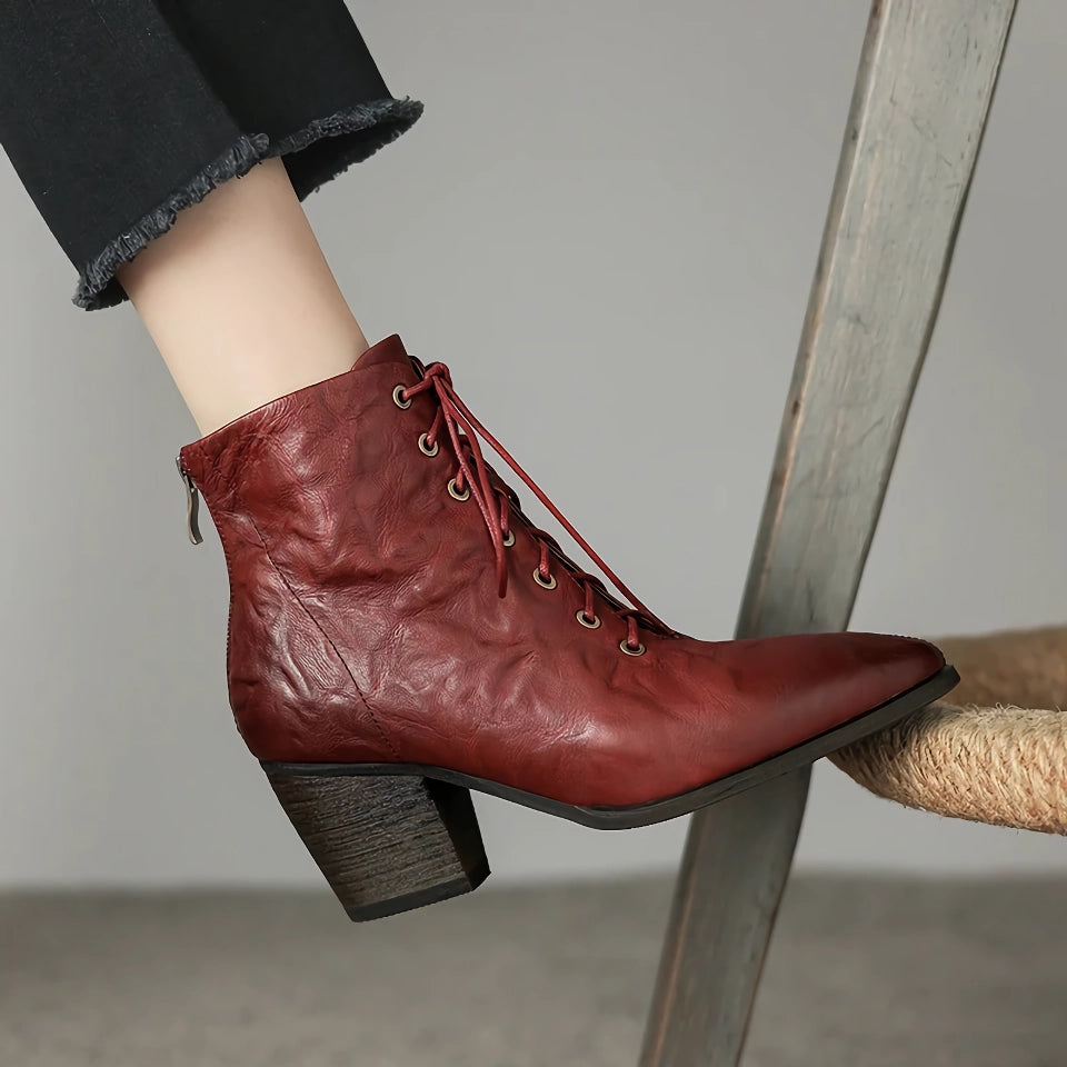 Women's Genuine Leather Pointed Toe Chunky Ankle Boots