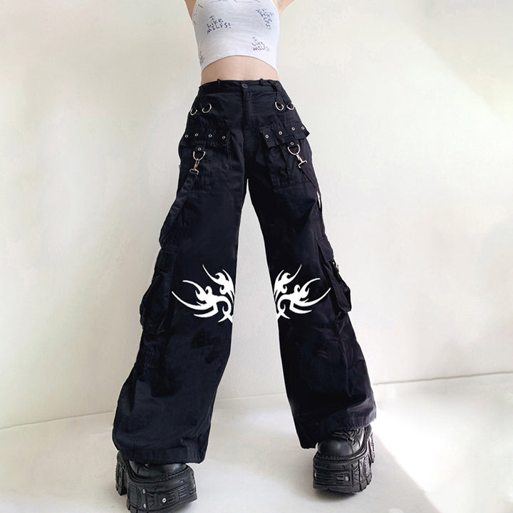 Printed Dark Woven Pants Street Hip-Hop Ribbon Wide-Leg Pants Casual Pocket Trousers