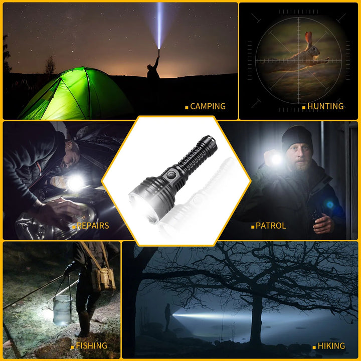 6000 Lumen Rechargeable Tactical LED Flashlight with Power Bank Function, USB-C, Long Range