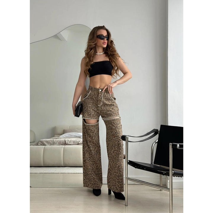 High Waist Leopard Patchwork Denim Wide-Leg Pants