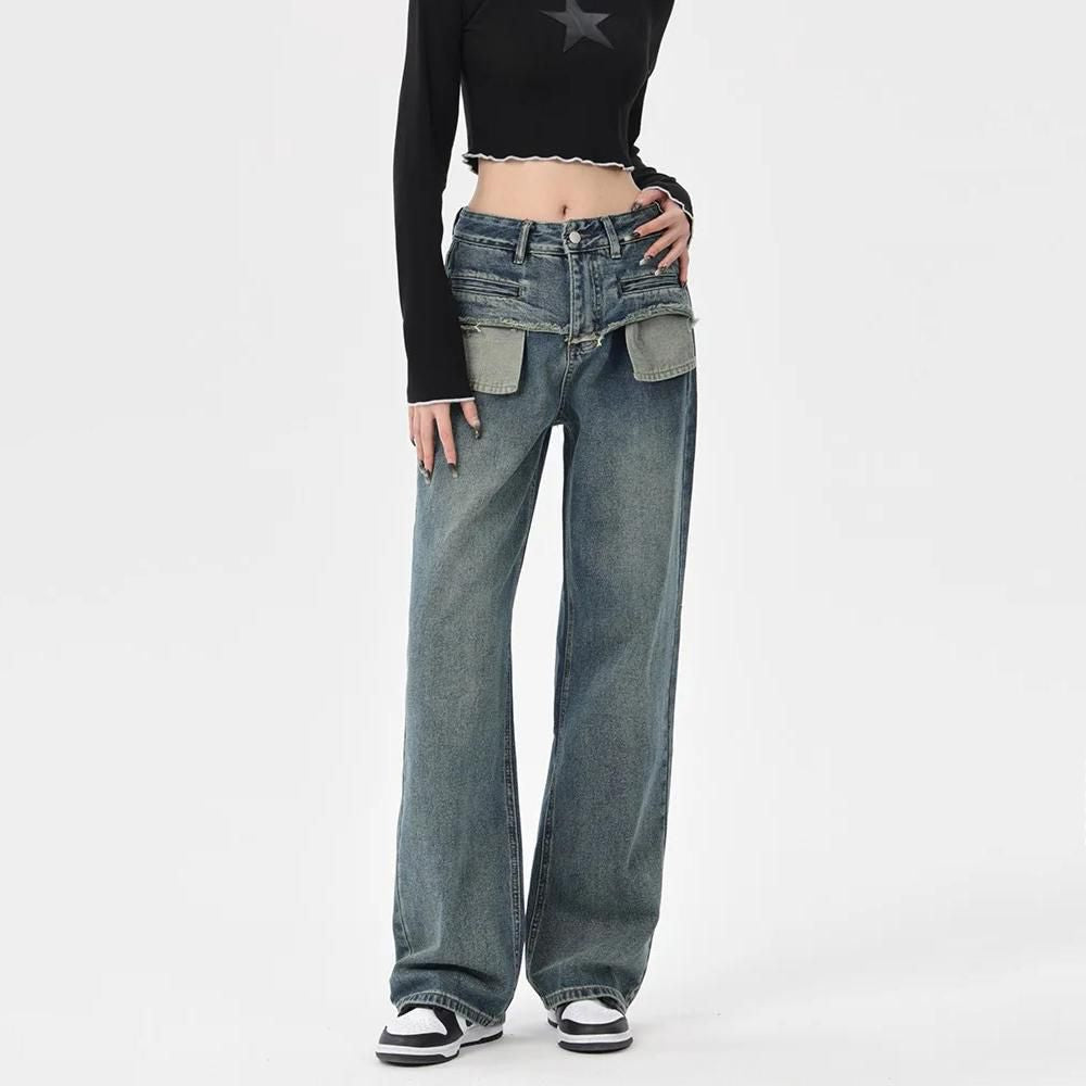 Chic Vintage Distressed High-Waist Straight Leg Women's Jeans