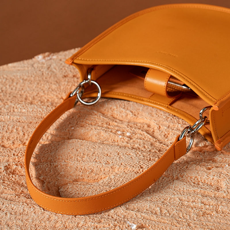 Genuine Leather Circular Shoulder Bag with Arc Profile