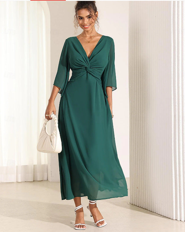 Solid Color V-neck Bell Sleeve Extra Long Dress